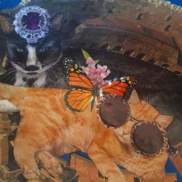 Hand Crafted Vintage Bowl Colorful Cats Designer Fashion Rome Decoupage Art - Picture 3 of 11